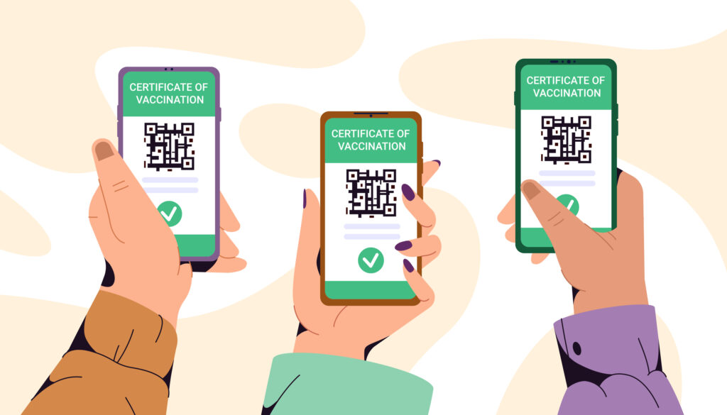 Flat hands holding phones and showing green certificate of vaccination. Smartphone with vaccine QR code in mobile app. Vaccinated people using digital health passport for travel. Immunity concept.